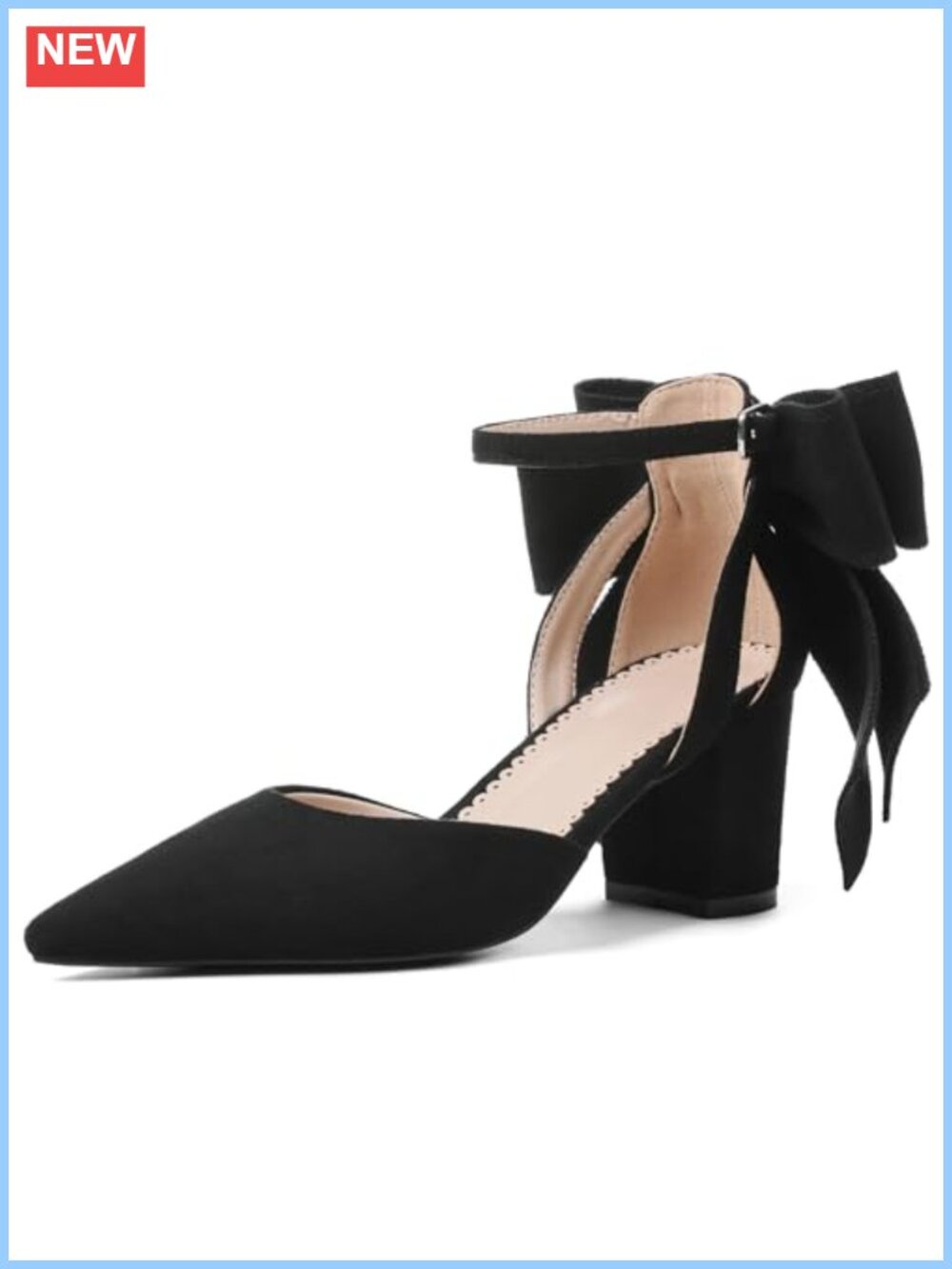 Black Bow Ankle Strap Chunky Heels Pointed Toe Women's Dress Wedding Pumps